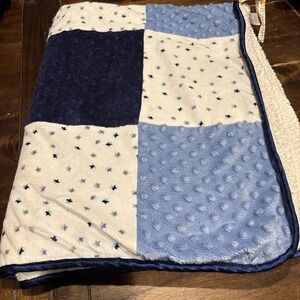 Just Born Patchwork Baby Security Blanket Lovey Blue White Stars Minky Satin Dot